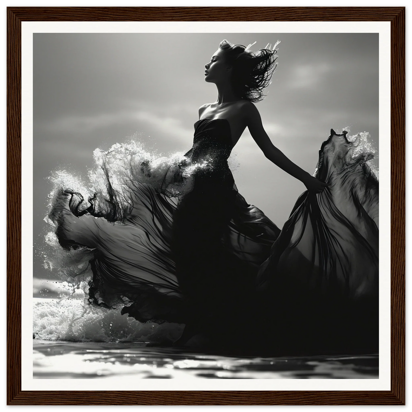 Silhouetted figure in a flowing black dress dances in Wavewoven Elegance Manifestation