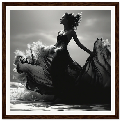 Silhouetted figure in a flowing black dress dances in Wavewoven Elegance Manifestation