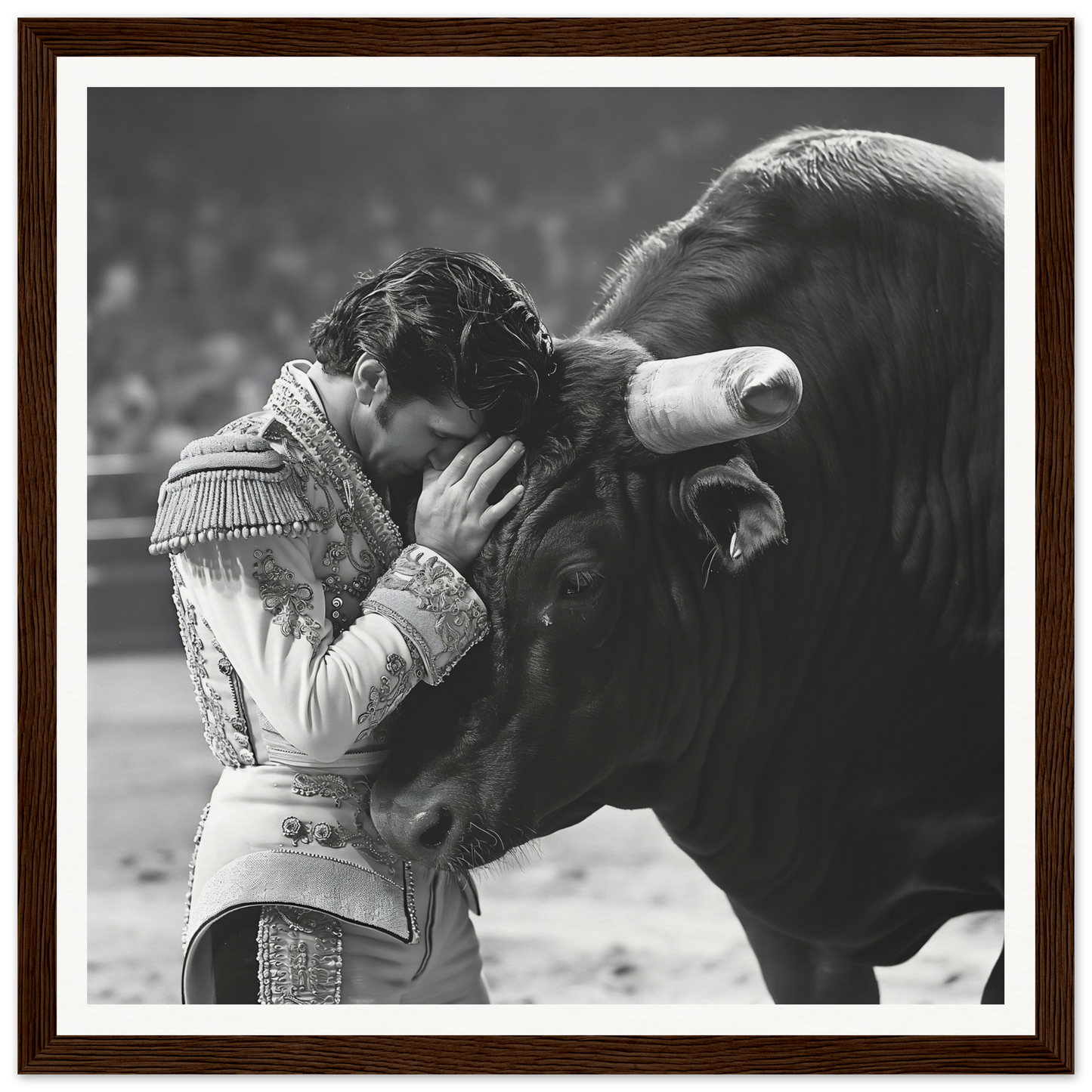 Matador in ornate uniform leaning against bull, special edition art on archival paper