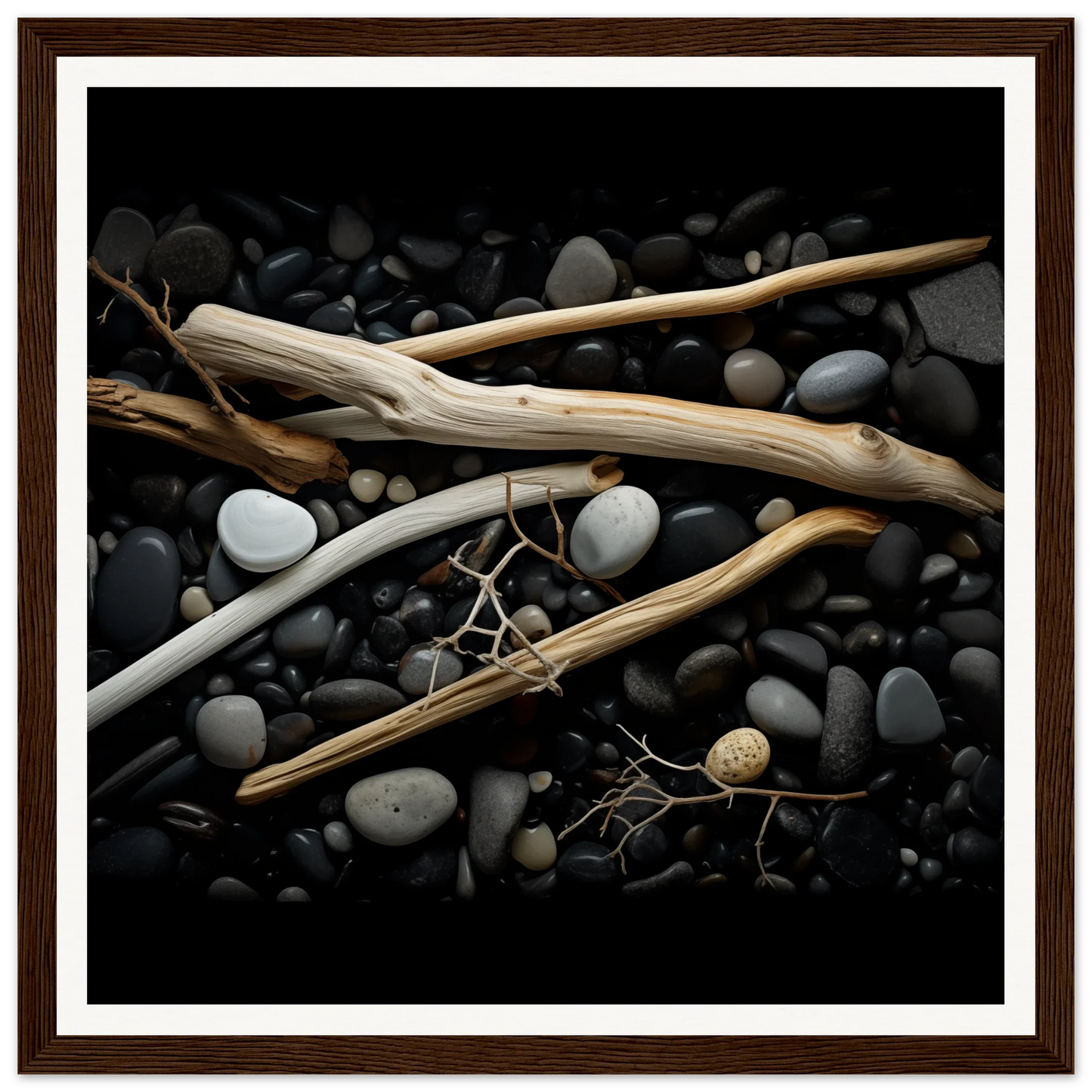 Driftwood pieces on dark and light river rocks in Whispers Earthward Serenade art