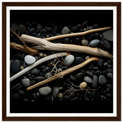 Driftwood pieces on dark and light river rocks in Whispers Earthward Serenade art