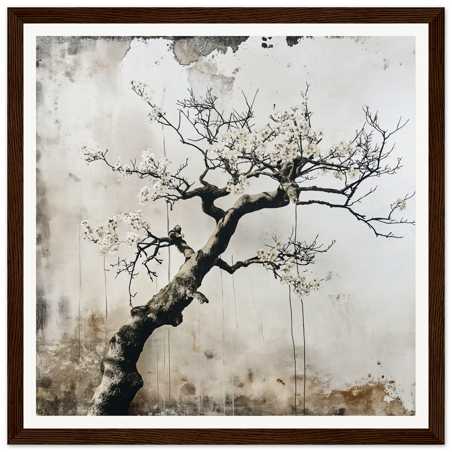 Twisted tree branch with blossoms in ink wash style for Blossom Yin Reverie art