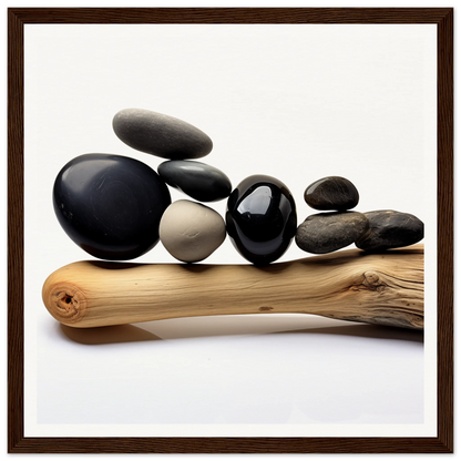 Smooth river rocks on driftwood in Zen Balance Riffs special edition art display