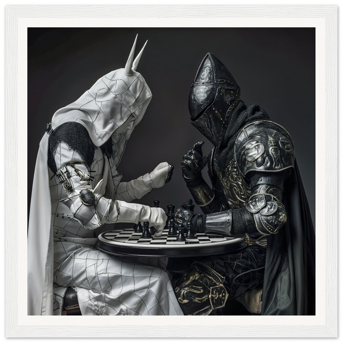 Two medieval knights in ornate armor playing chess in Armored Minds Duel artwork