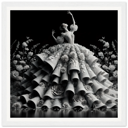 Dancer in floral ruffled dress showcasing Baroque Blossom Ballet for framed posters