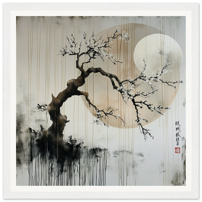 Twisted plum blossom branch with white flowers and moon in Blossoms’ Cosmic Serenade art