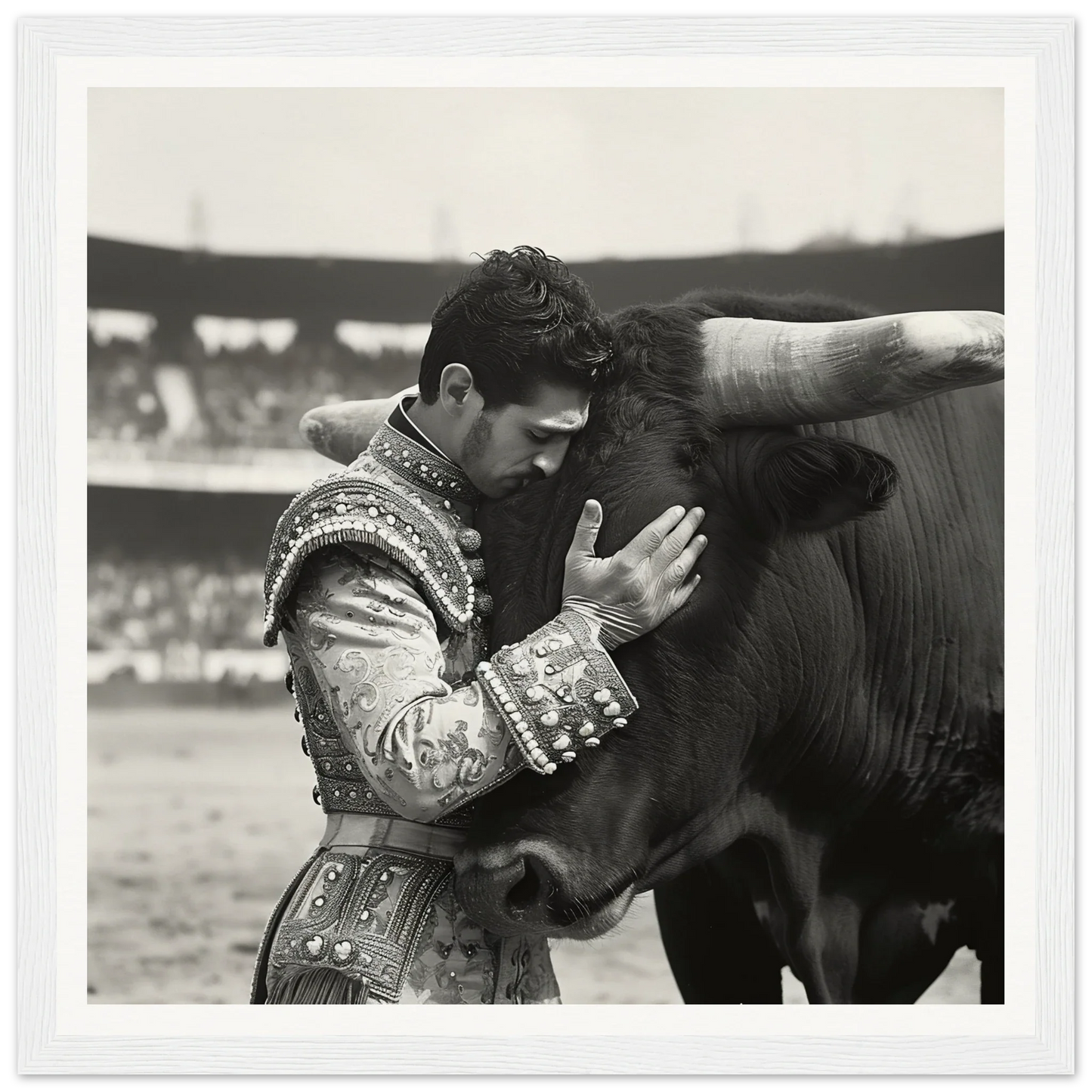 Matador in ornate suit embracing bull’s head, perfect for Bull & Brave framed wall art