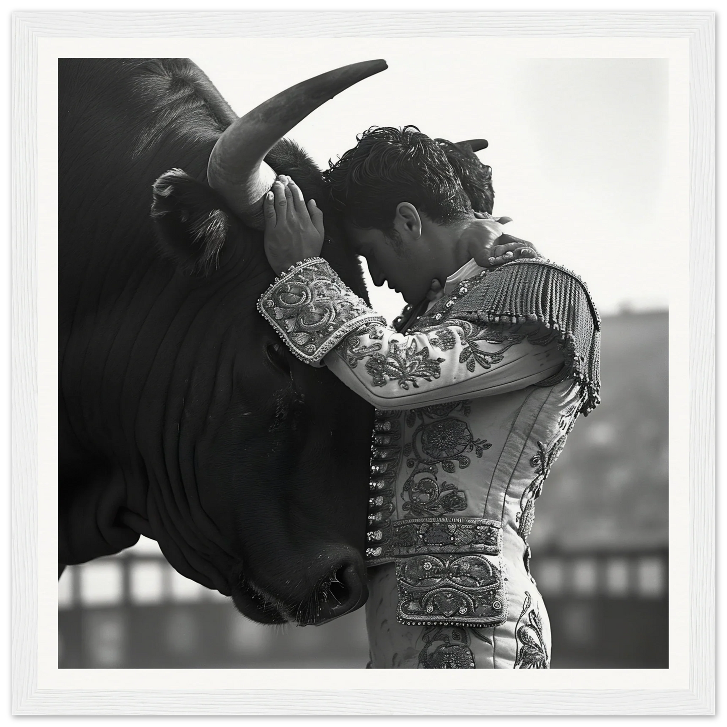 Matador in embroidered suit embraces bull’s head in special edition art™ for Bull’s Forehead Commune