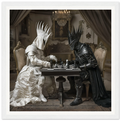 Two armored figures in black and white clash in Celestial Chess Nexus framed poster