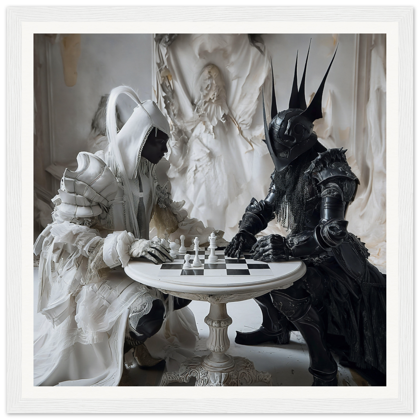 Two armored figures in black and white playing chess in Chess Duality Dance art