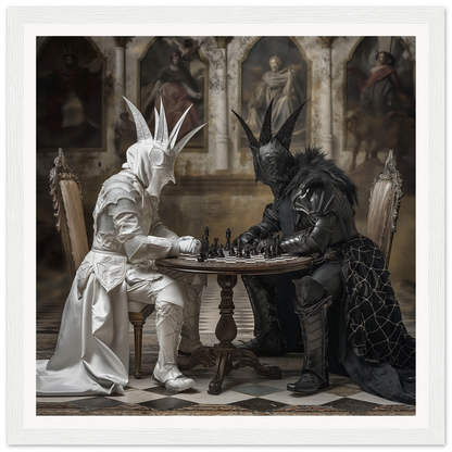 Two costumed figures in white and black playing chess on a Chessboard Waltz table