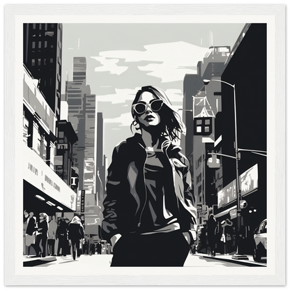 Stylized black and white art of a cool person in sunglasses from Chic City’s Echoes