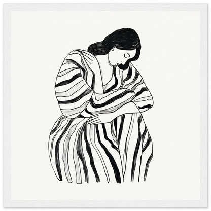 Black and white illustration of a figure in a flowing dress for Contemplative Striped Tranquility