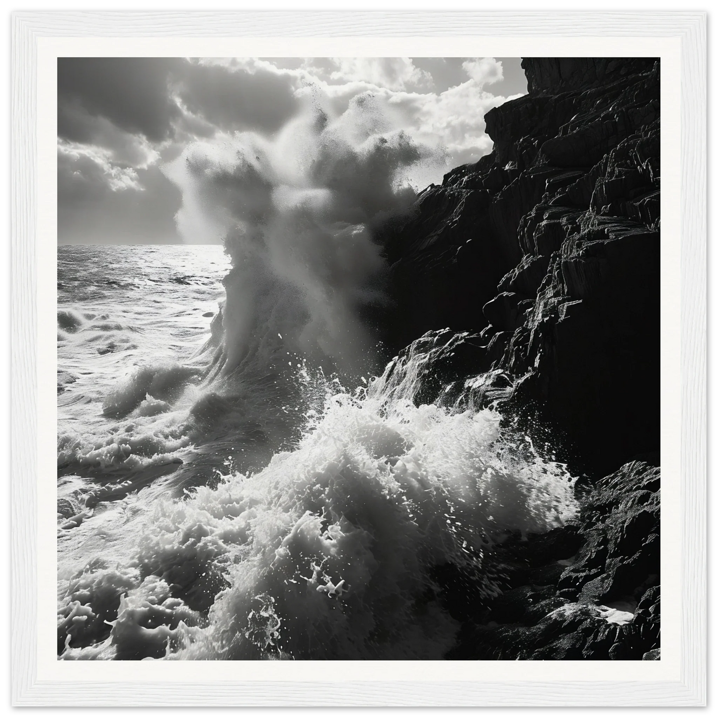 Powerful ocean wave crashing on dark cliffs from Dance Infernal Embrace special edition art™