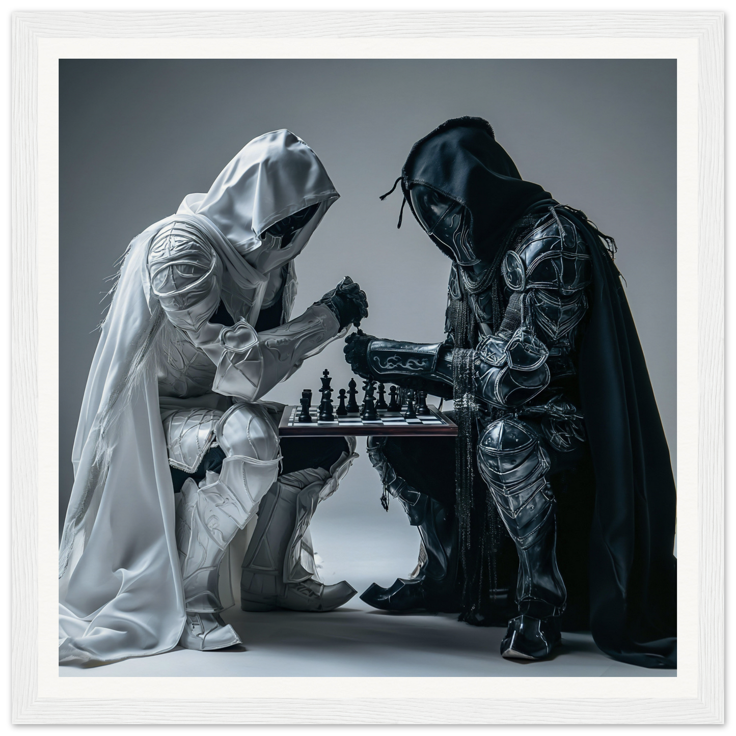 Two hooded figures in black and white robes playing chess in Duality Chess Dreamscape