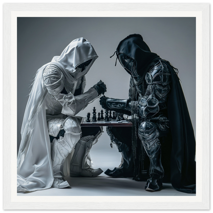 Two hooded figures in black and white robes playing chess in Duality Chess Dreamscape