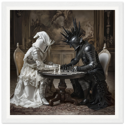 Two figures in black and white chess battle in this Duelling Nightmares’ Vision art™