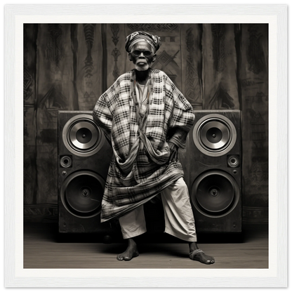 Person in traditional African attire stands by speakers in Echos of Mysticism, special edition art™