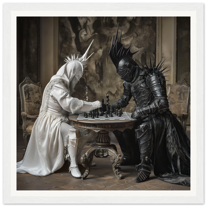 Two armored figures playing chess at an ornate table in Elegant Chess Duel art