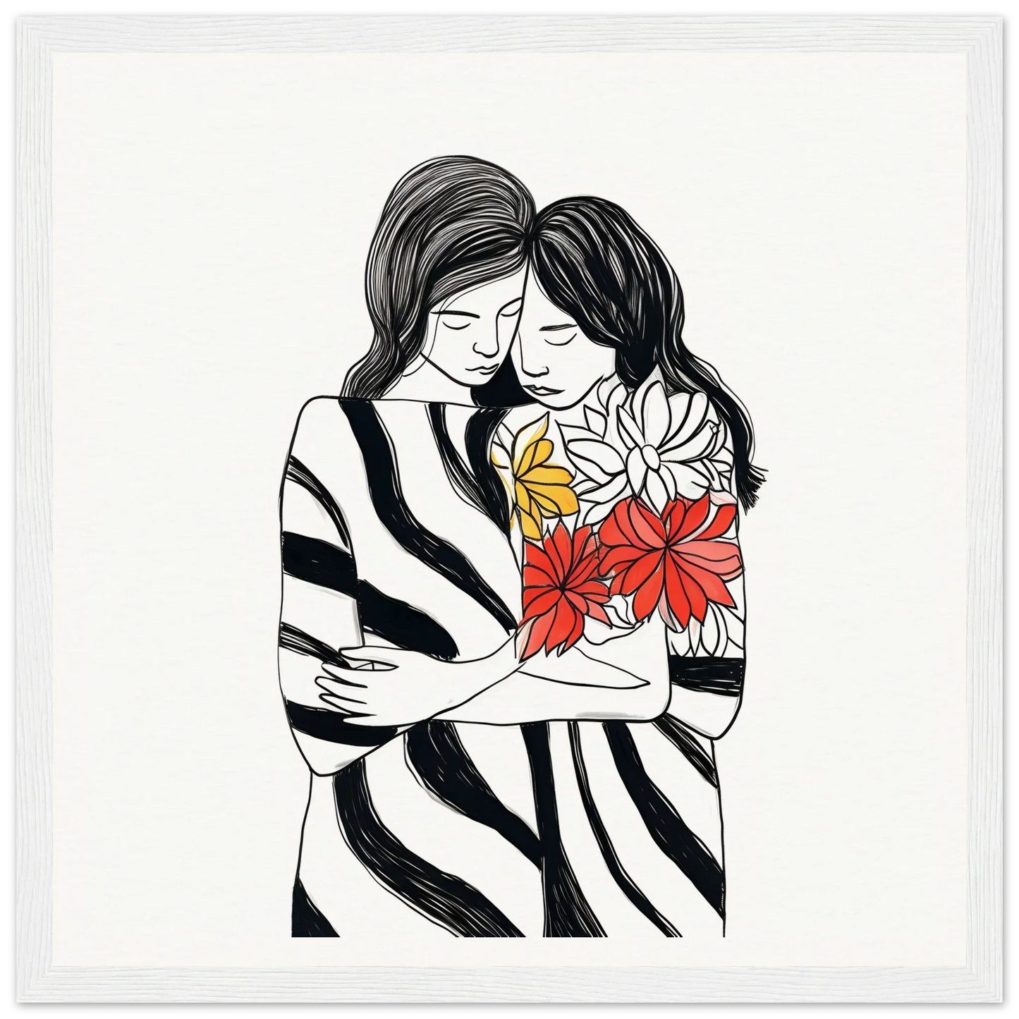 Line drawing of two people embracing with flowers, perfect for Embrace Florid Flicker