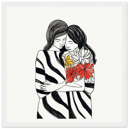 Line drawing of two people embracing with flowers, perfect for Embrace Florid Flicker