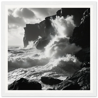 Dramatic ocean waves clash with rocky cliffs in Ephemeral Stone Symphony framed poster