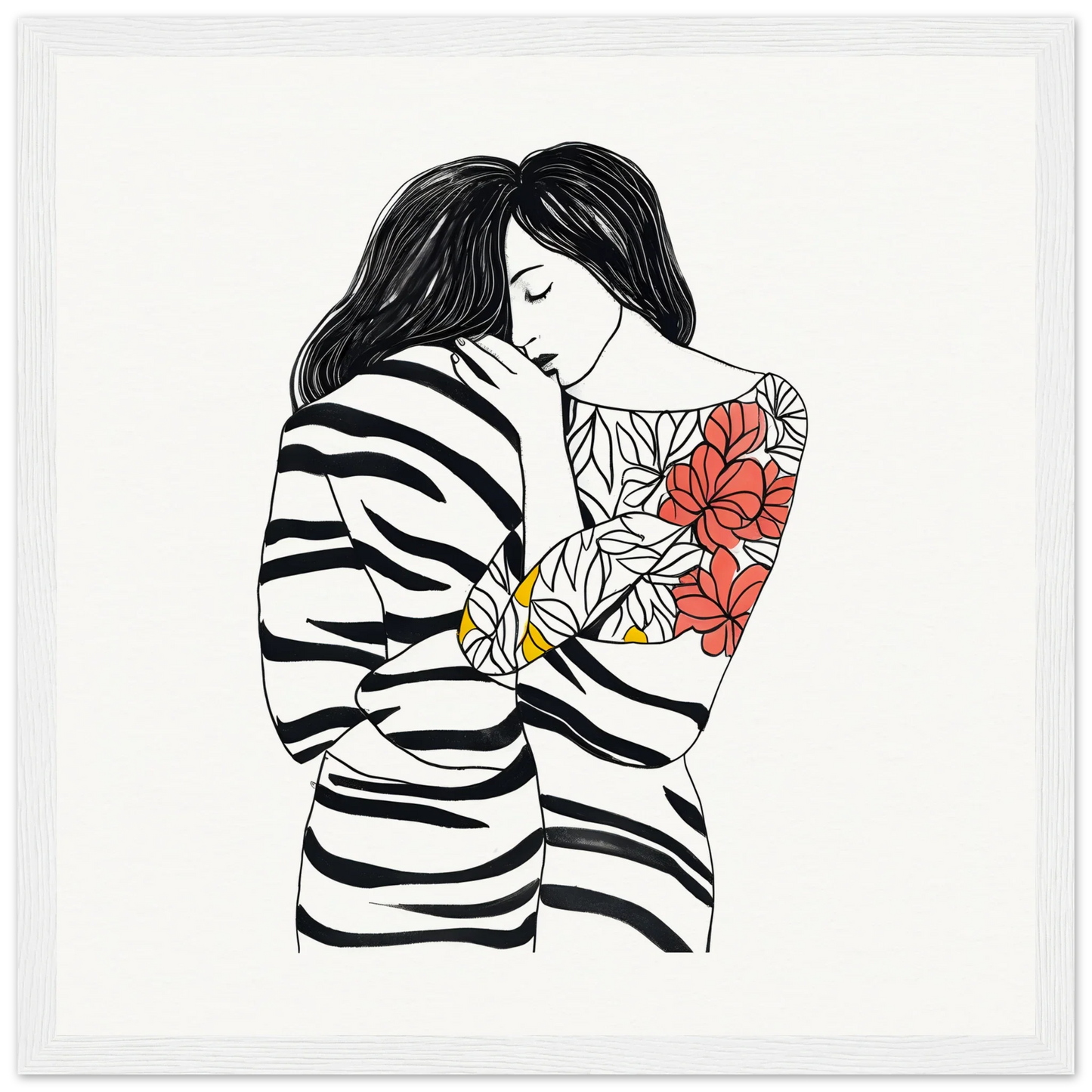 Line drawing of an intimate embrace with red floral tattoos in Etched Embrace Harmony