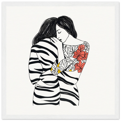 Line drawing of an intimate embrace with red floral tattoos in Etched Embrace Harmony