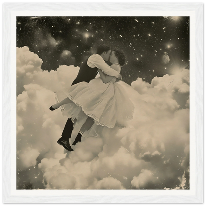 Couple in vintage attire dancing among clouds in Eternal Cosmic Swoon art piece