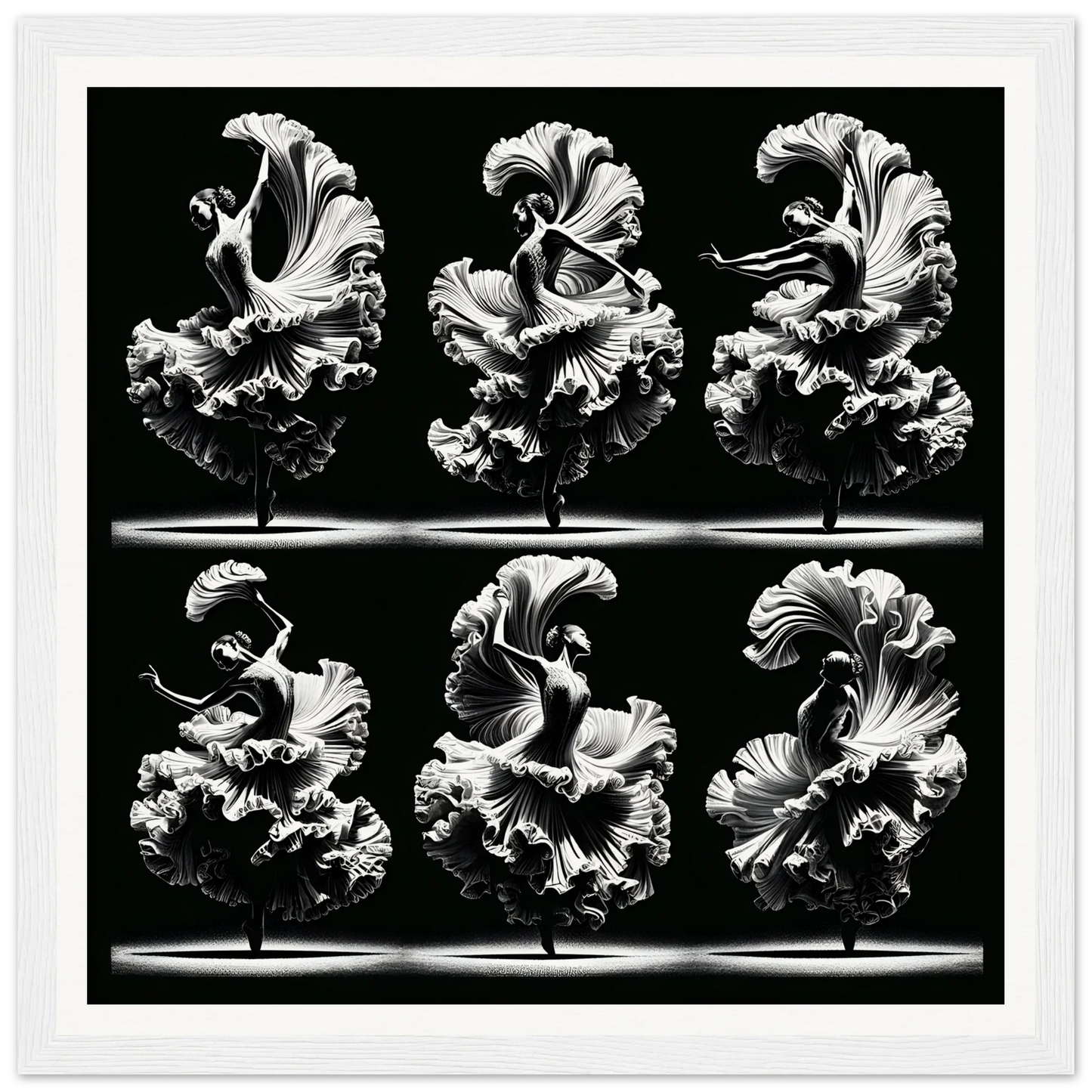 Six ruffled carnations in black and white for Ethereal Ballet Whirl framed posters