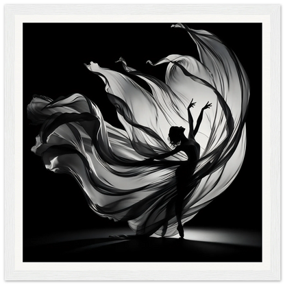 Silhouetted dancer in flowing fabric showcasing Ethereal Dance Reverie art piece