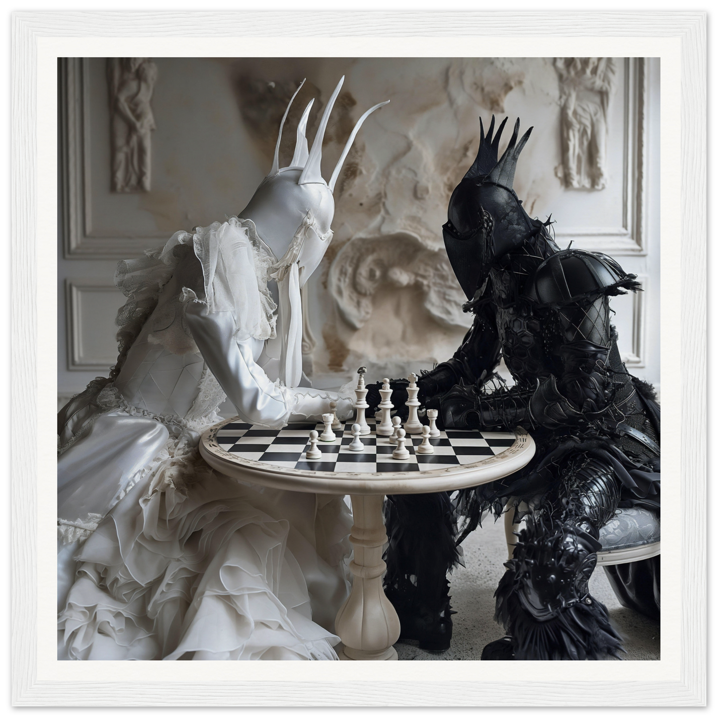 Two crowned figures in black and white playing chess in Ethereal Minds’ Duel artwork