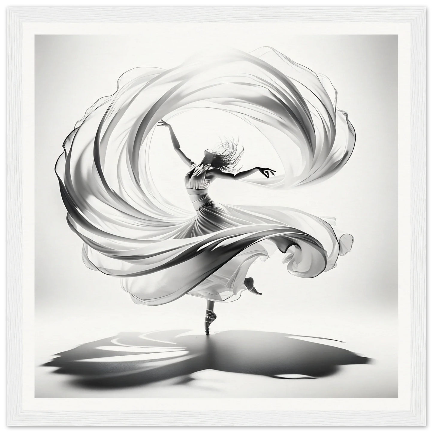 Graceful dancer in white fabric spirals, featured in Ethereal Vortex Symphony framed posters