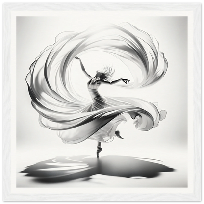 Graceful dancer in white fabric spirals, featured in Ethereal Vortex Symphony framed posters