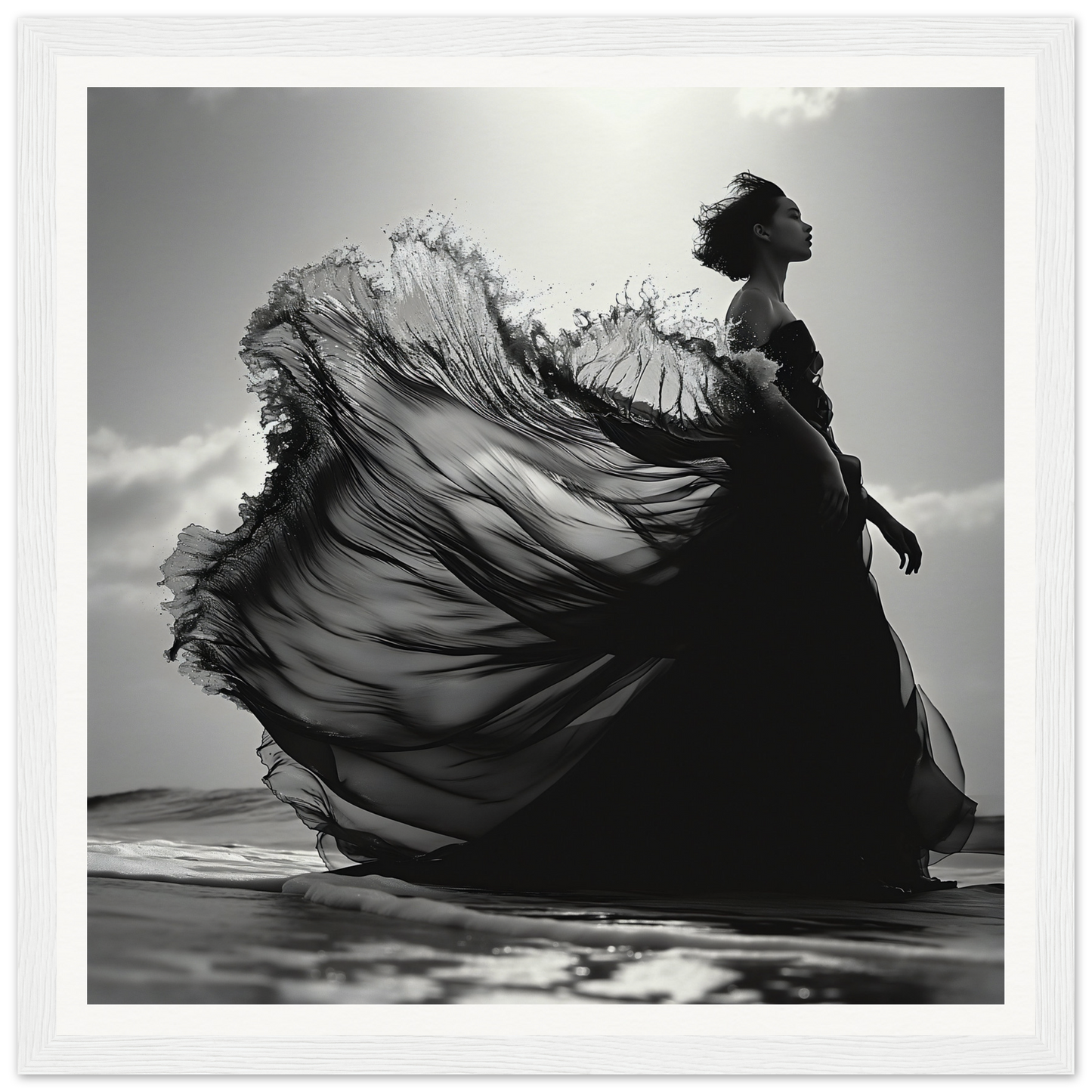 Flowing black dress in silhouette inspired by Ethereal Wave Serenade