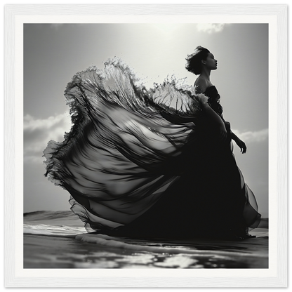 Flowing black dress in silhouette inspired by Ethereal Wave Serenade