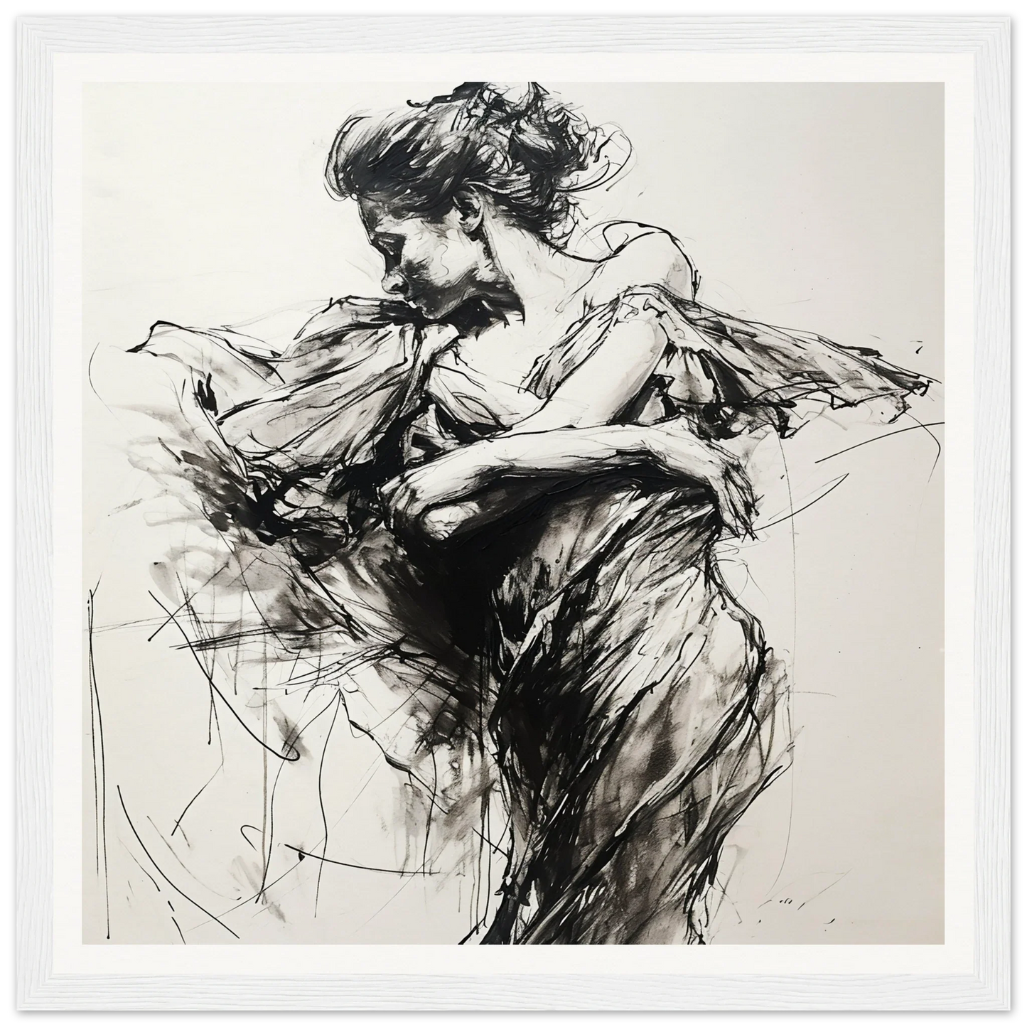 Expressive black and white dancer sketch for Festive Harmonic Meditations framed posters