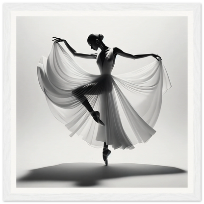 Graceful ballet dancer in silhouette wearing a white dress for Graceful Ballet Silence framed poster