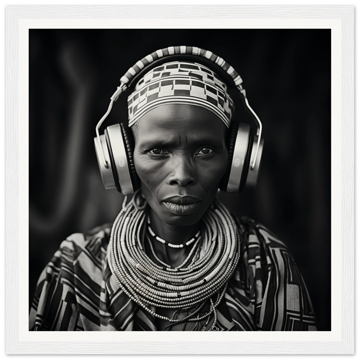 Black and white portrait of tradition meets tech with tribal jewelry and modern headphones