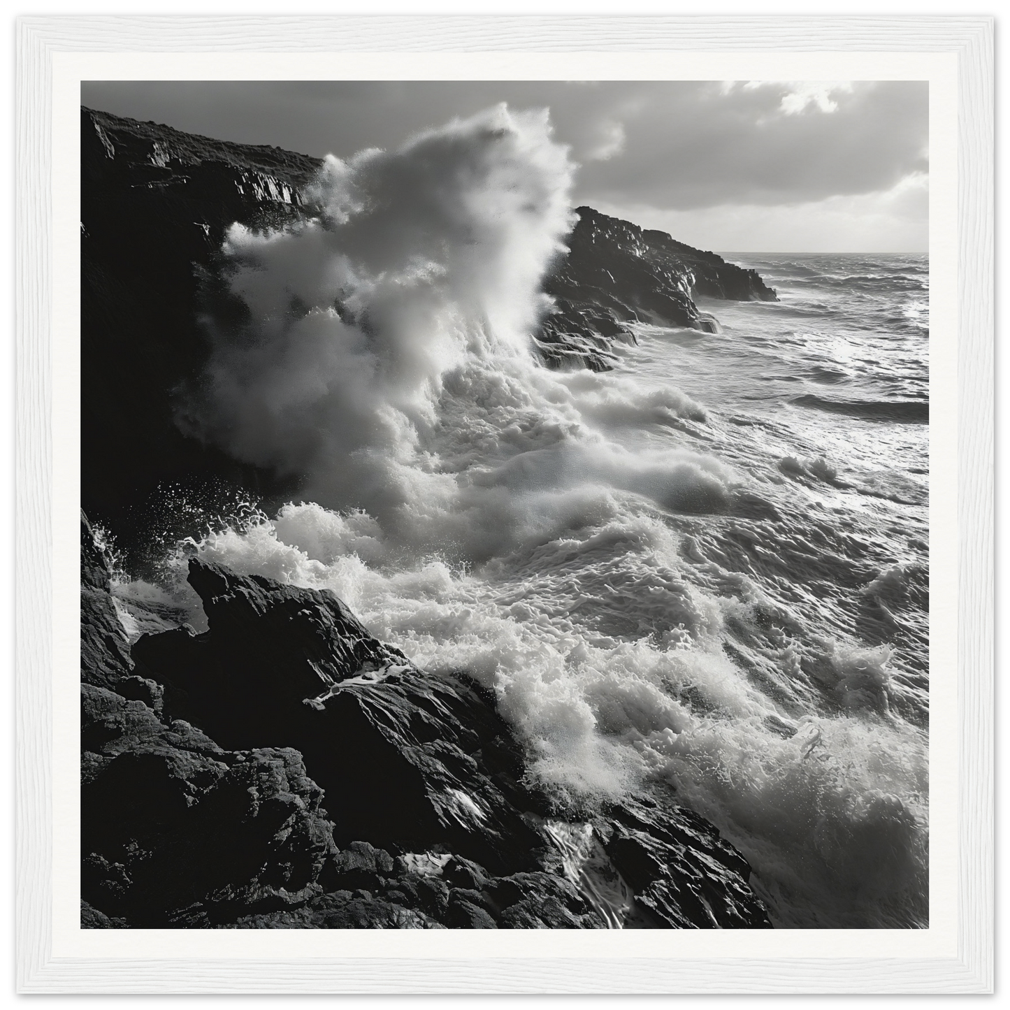 Powerful ocean waves crashing against rocky cliffs in an Infinite Nautical Poem poster