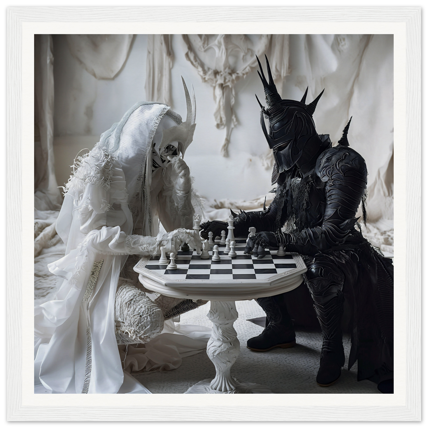 Two contrasting figures in white and black playing chess at a table for Kindled Celestial Dance