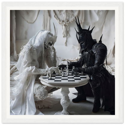 Two contrasting figures in white and black playing chess at a table for Kindled Celestial Dance