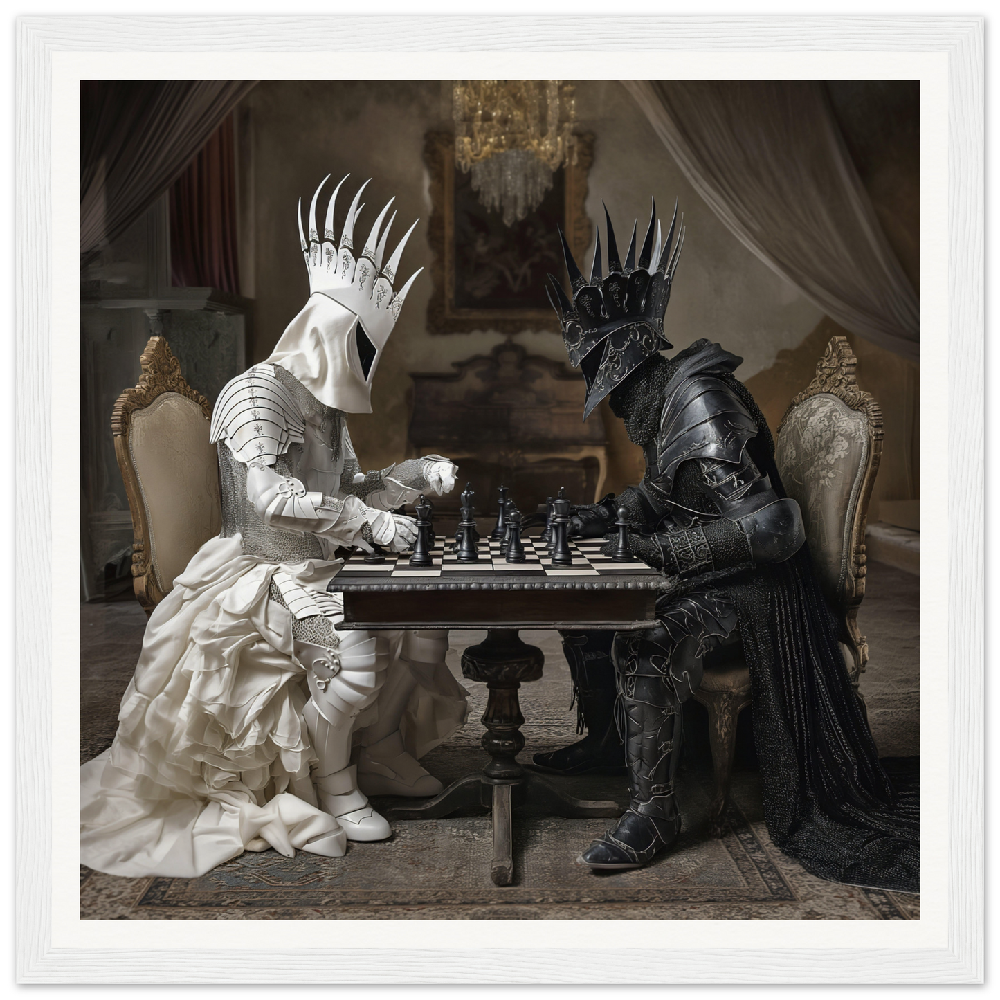 Two armored figures in black and white playing chess in Kinship Checkmates Cosmos