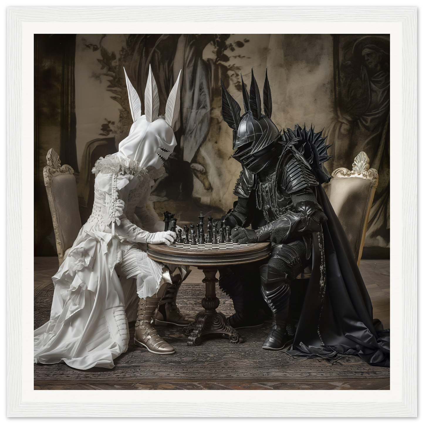 Armored rabbits playing chess in Knighted Dreamscapes special edition art™ poster