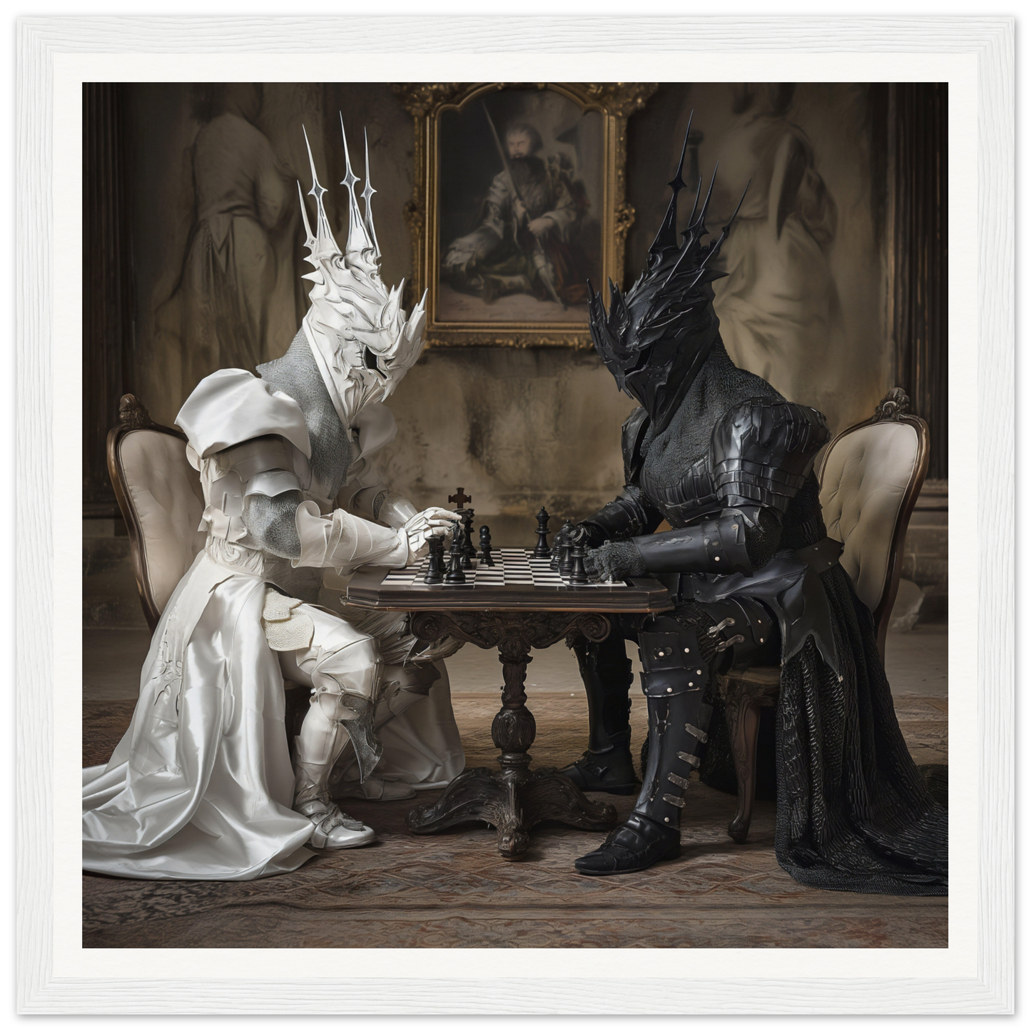 Two armored figures in black and white playing chess from Knights’ Cerebral Ballet