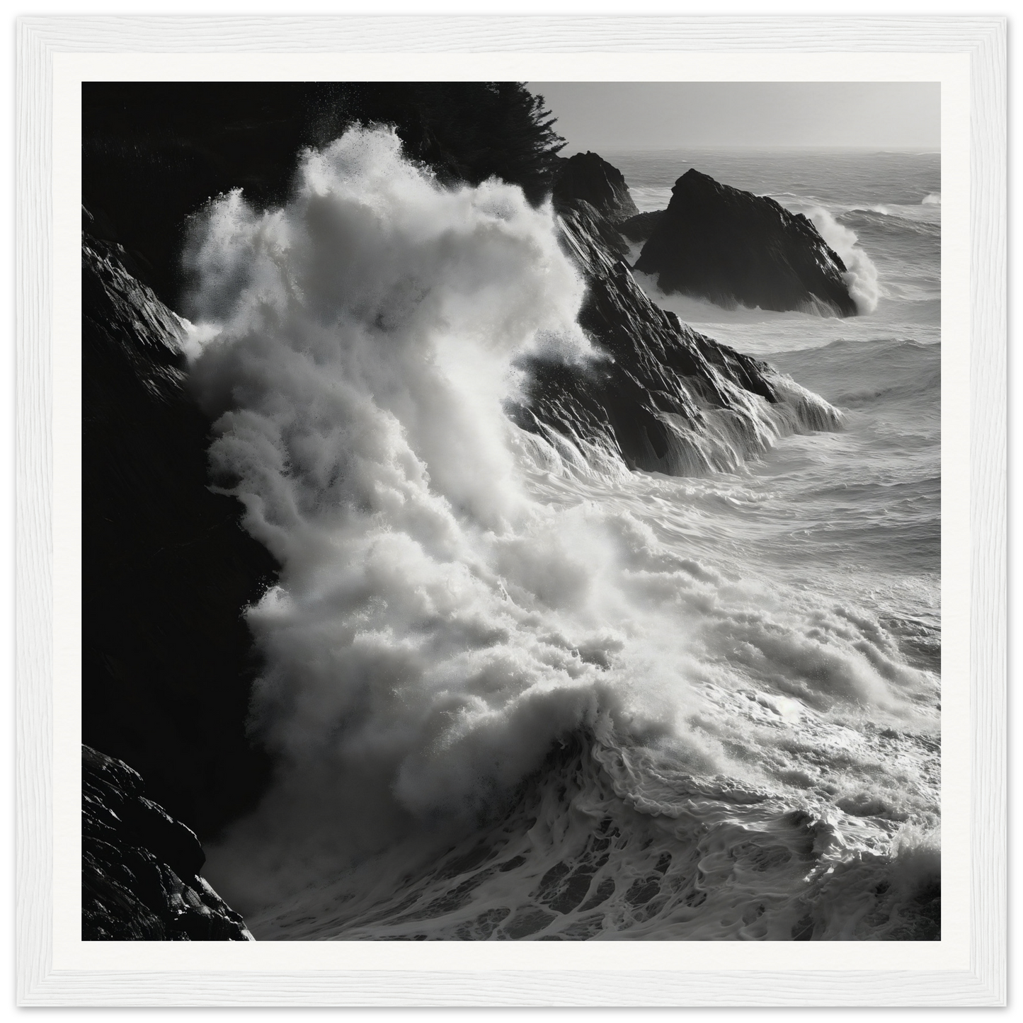 Powerful ocean waves crash against rocky cliffs in a stunning seascape framed poster