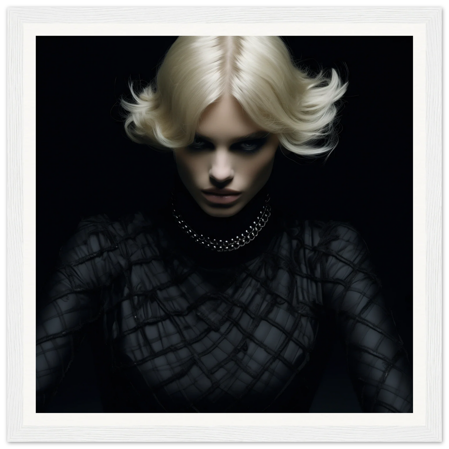 Dramatic portrait with platinum blonde hair in Luminous Gothic Whispers framed art