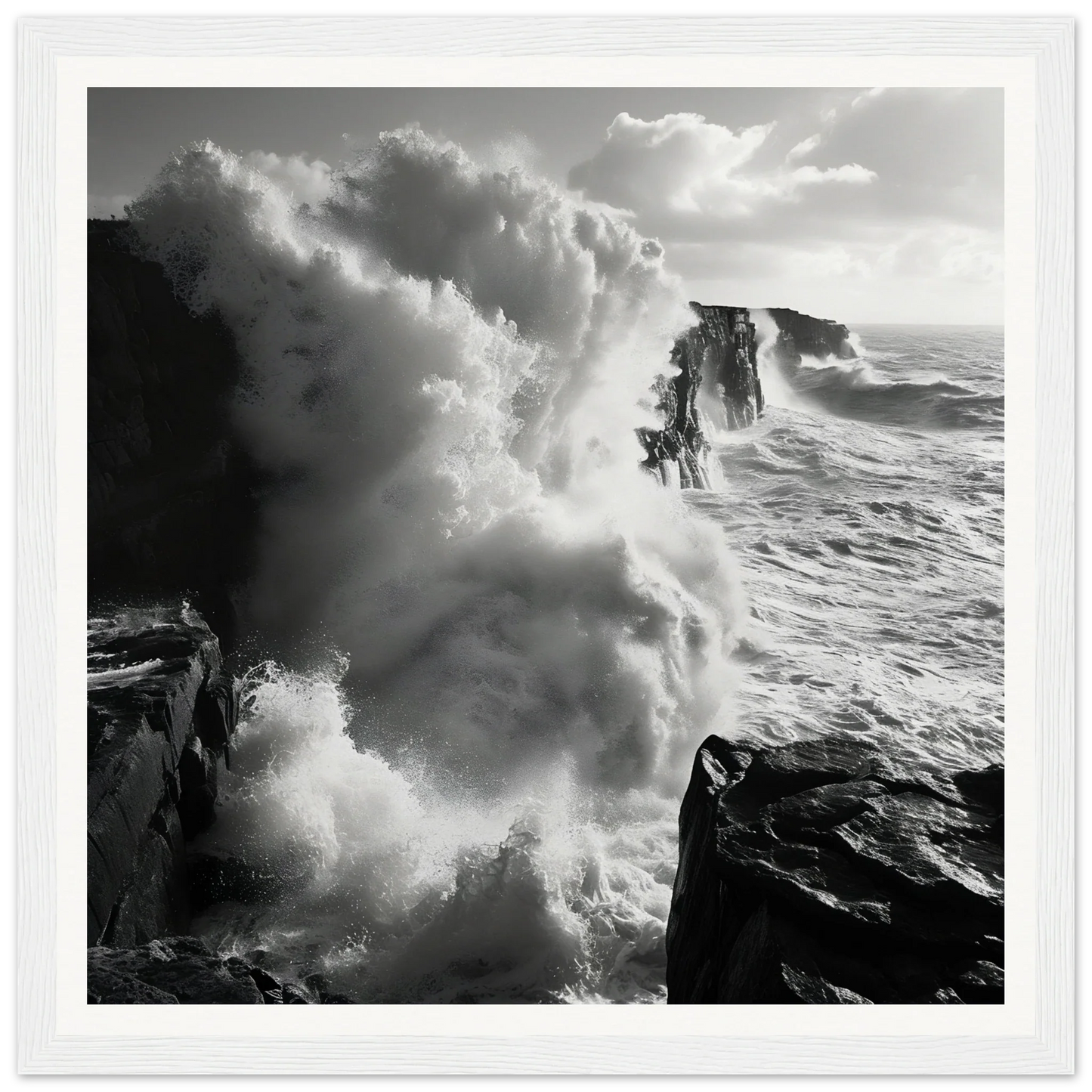 Majestic ocean waves crash against cliffs in the stunning Majestic Tempest Dance artwork