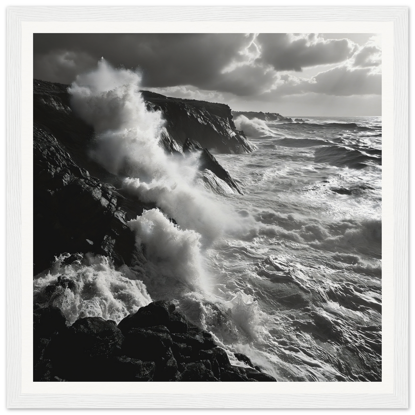 Powerful ocean waves crash on cliffs in Mystic Tempest Waltz framed poster