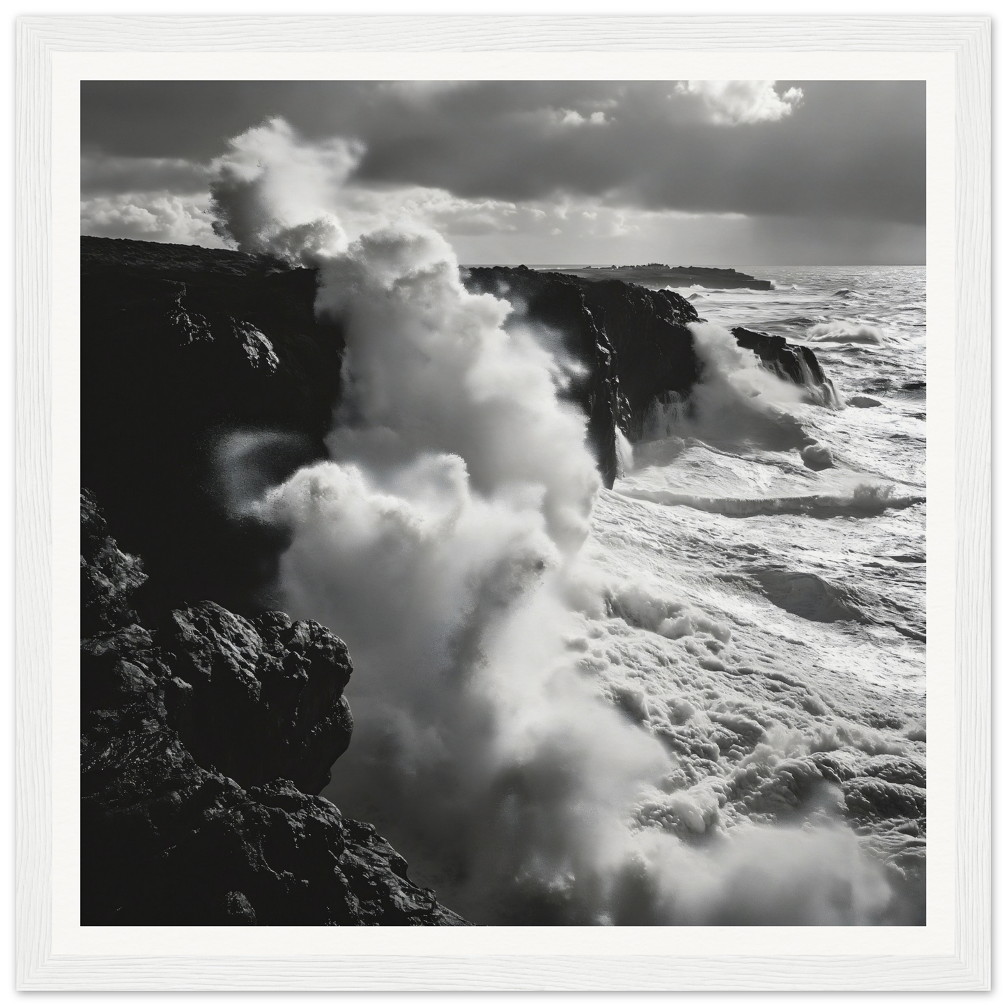 Powerful ocean waves crash on cliffs in Ocean Roars Symphony framed poster art